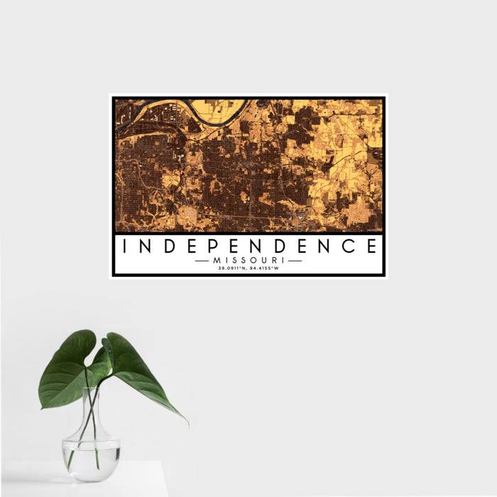16x24 Independence Missouri Map Print Landscape Orientation in Ember Style With Tropical Plant Leaves in Water