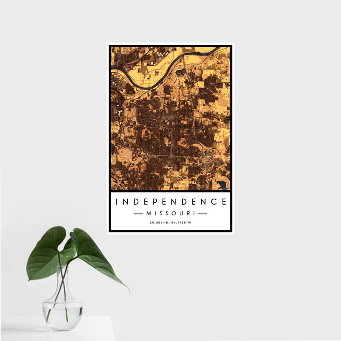 16x24 Independence Missouri Map Print Portrait Orientation in Ember Style With Tropical Plant Leaves in Water