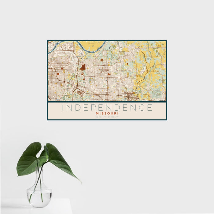 16x24 Independence Missouri Map Print Landscape Orientation in Woodblock Style With Tropical Plant Leaves in Water