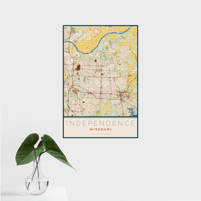 16x24 Independence Missouri Map Print Portrait Orientation in Woodblock Style With Tropical Plant Leaves in Water