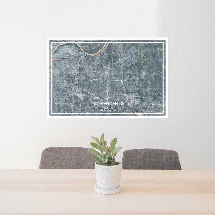 24x36 Independence Missouri Map Print Lanscape Orientation in Afternoon Style Behind 2 Chairs Table and Potted Plant