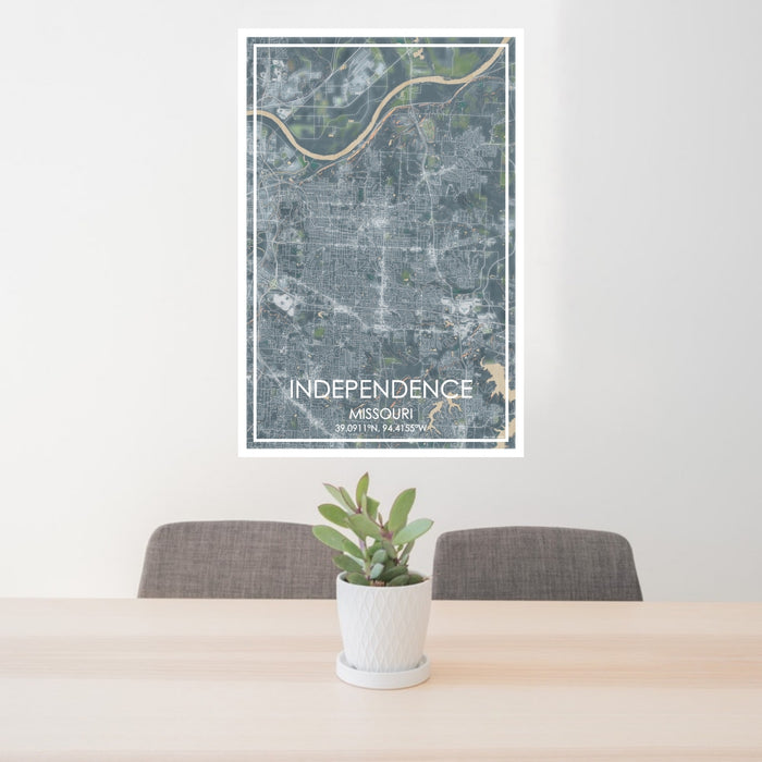 24x36 Independence Missouri Map Print Portrait Orientation in Afternoon Style Behind 2 Chairs Table and Potted Plant