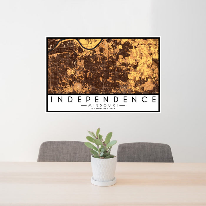24x36 Independence Missouri Map Print Lanscape Orientation in Ember Style Behind 2 Chairs Table and Potted Plant