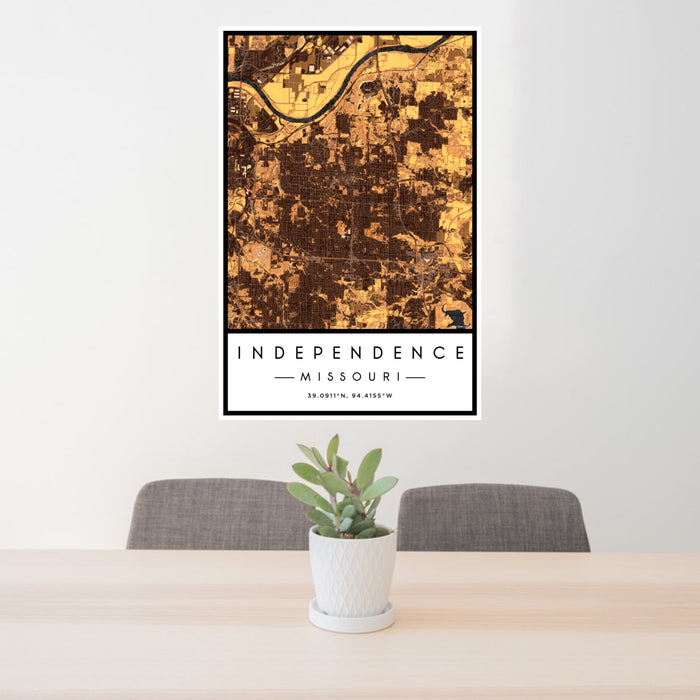 24x36 Independence Missouri Map Print Portrait Orientation in Ember Style Behind 2 Chairs Table and Potted Plant