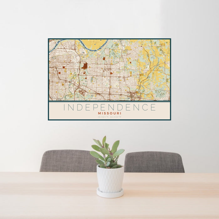 24x36 Independence Missouri Map Print Lanscape Orientation in Woodblock Style Behind 2 Chairs Table and Potted Plant