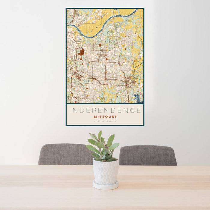 24x36 Independence Missouri Map Print Portrait Orientation in Woodblock Style Behind 2 Chairs Table and Potted Plant