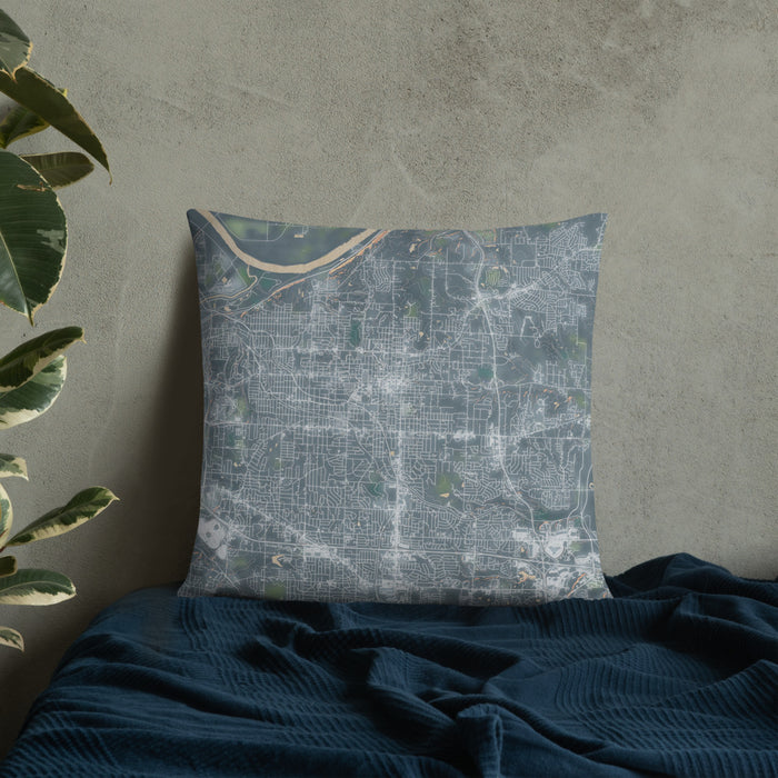 Custom Independence Missouri Map Throw Pillow in Afternoon on Bedding Against Wall