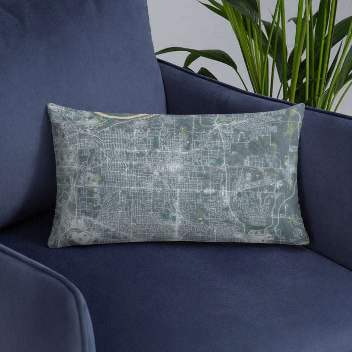 Custom Independence Missouri Map Throw Pillow in Afternoon on Blue Colored Chair