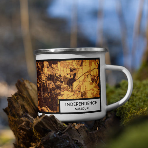 Right View Custom Independence Missouri Map Enamel Mug in Ember on Grass With Trees in Background