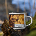 Right View Custom Independence Missouri Map Enamel Mug in Ember on Grass With Trees in Background