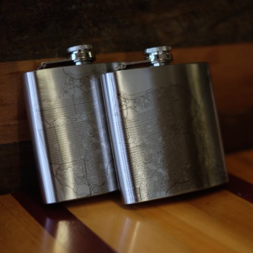 Pair of 6oz Stainless Steel Flask with Custom Engraved Map on Table