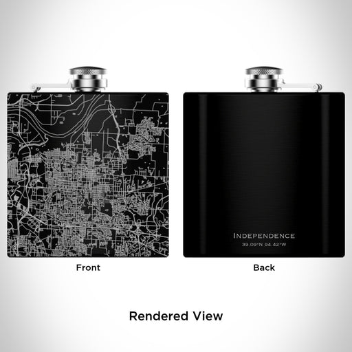 Rendered View of Independence Missouri Map Engraving on 6oz Stainless Steel Flask in Black