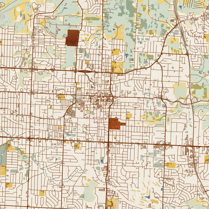 Independence Missouri Map Print in Woodblock Style Zoomed In Close Up Showing Details