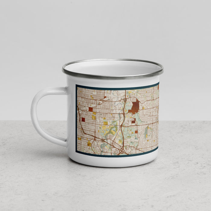 Left View Custom Independence Missouri Map Enamel Mug in Woodblock