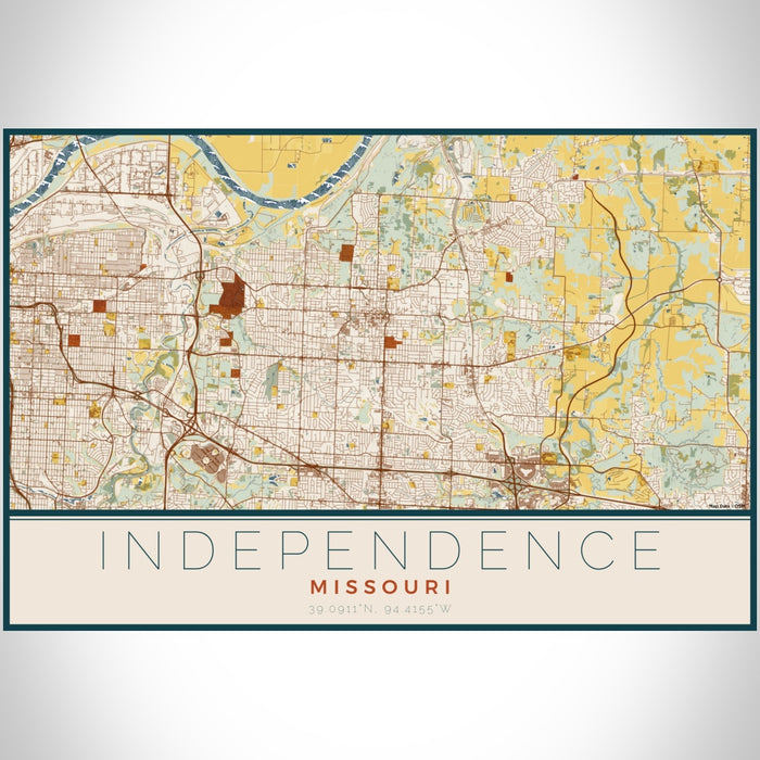 Independence Missouri Map Print Landscape Orientation in Woodblock Style With Shaded Background