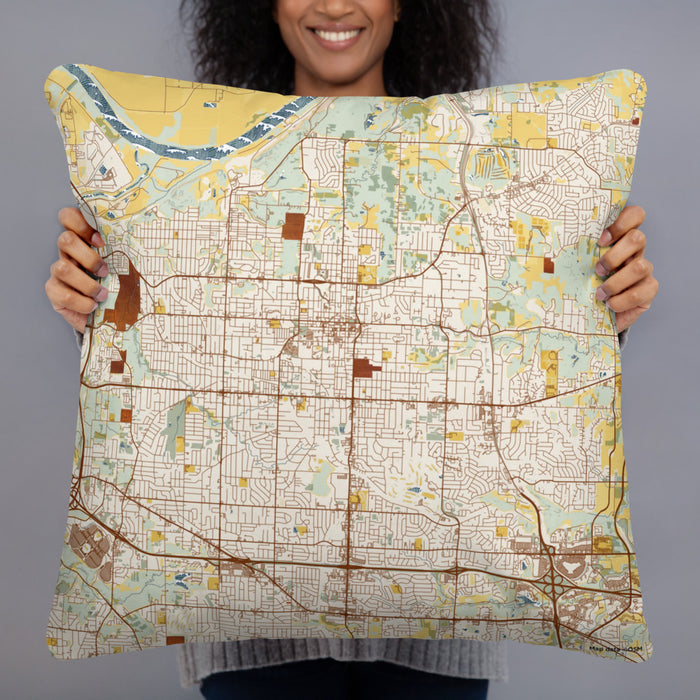Person holding 22x22 Custom Independence Missouri Map Throw Pillow in Woodblock