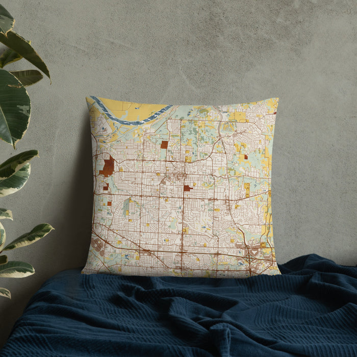 Custom Independence Missouri Map Throw Pillow in Woodblock on Bedding Against Wall