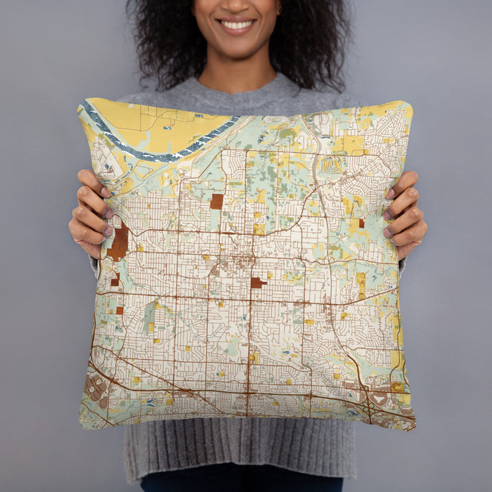 Person holding 18x18 Custom Independence Missouri Map Throw Pillow in Woodblock
