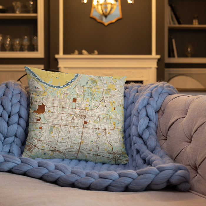 Custom Independence Missouri Map Throw Pillow in Woodblock on Cream Colored Couch
