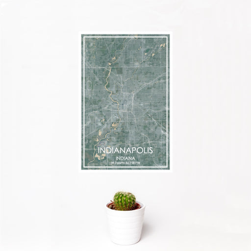 12x18 Indianapolis Indiana Map Print Portrait Orientation in Afternoon Style With Small Cactus Plant in White Planter