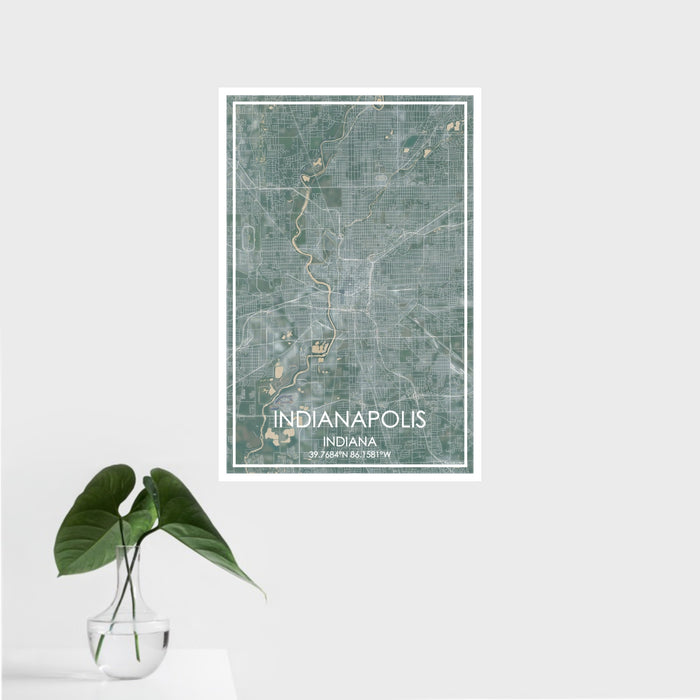 16x24 Indianapolis Indiana Map Print Portrait Orientation in Afternoon Style With Tropical Plant Leaves in Water