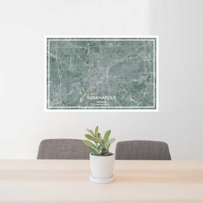 24x36 Indianapolis Indiana Map Print Lanscape Orientation in Afternoon Style Behind 2 Chairs Table and Potted Plant