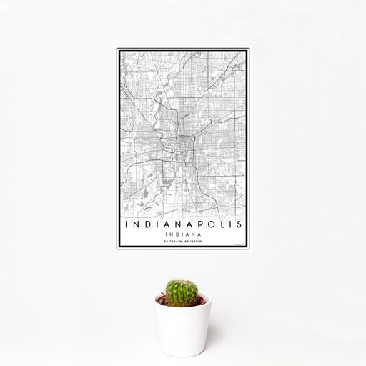 12x18 Indianapolis Indiana Map Print Portrait Orientation in Classic Style With Small Cactus Plant in White Planter