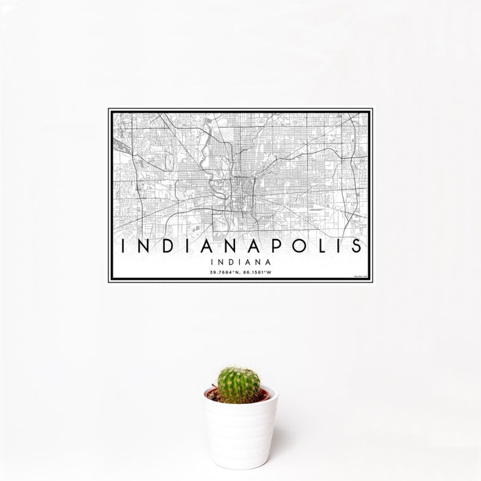 12x18 Indianapolis Indiana Map Print Landscape Orientation in Classic Style With Small Cactus Plant in White Planter