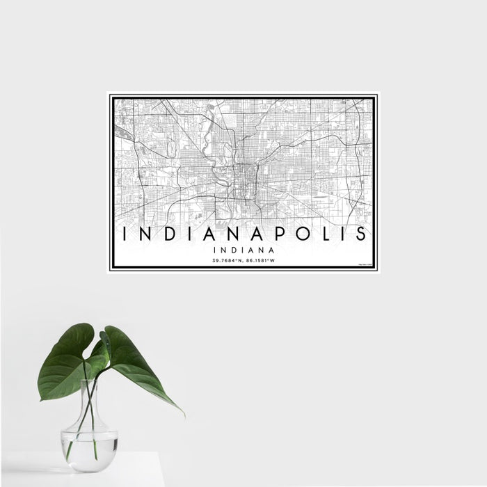 16x24 Indianapolis Indiana Map Print Landscape Orientation in Classic Style With Tropical Plant Leaves in Water