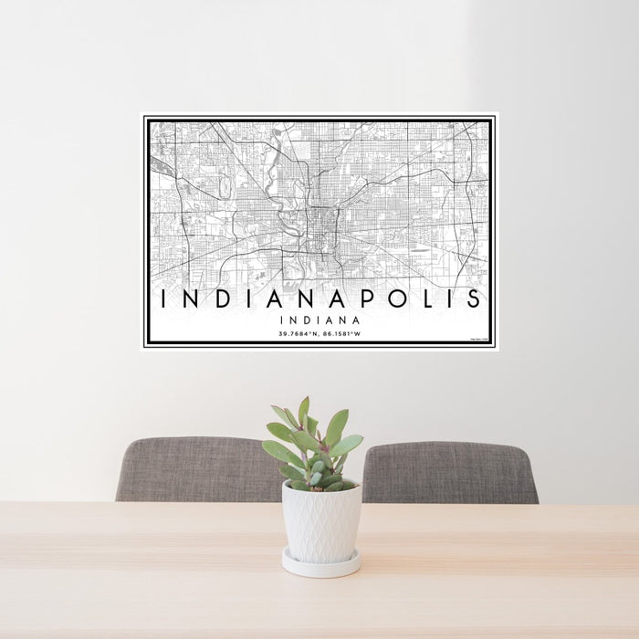24x36 Indianapolis Indiana Map Print Landscape Orientation in Classic Style Behind 2 Chairs Table and Potted Plant