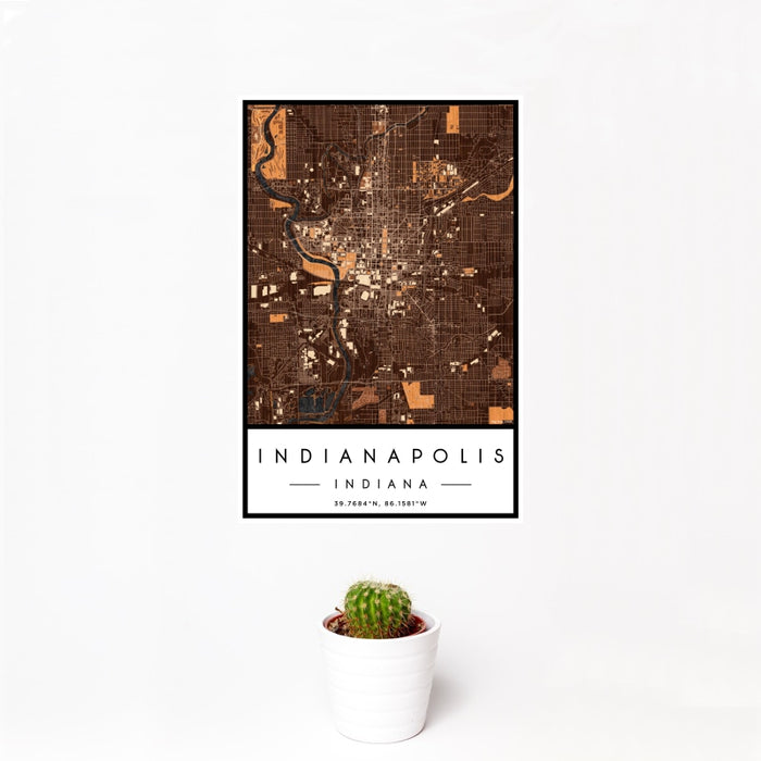 12x18 Indianapolis Indiana Map Print Portrait Orientation in Ember Style With Small Cactus Plant in White Planter