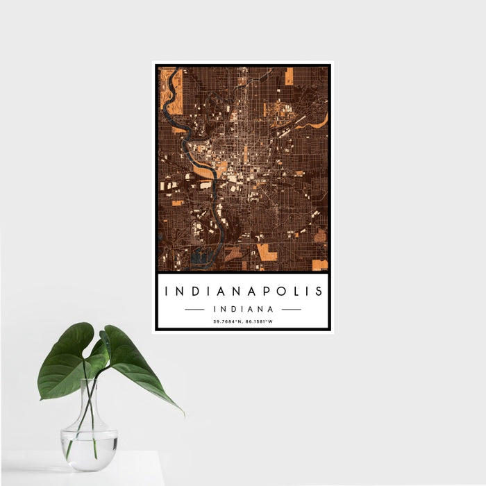 16x24 Indianapolis Indiana Map Print Portrait Orientation in Ember Style With Tropical Plant Leaves in Water