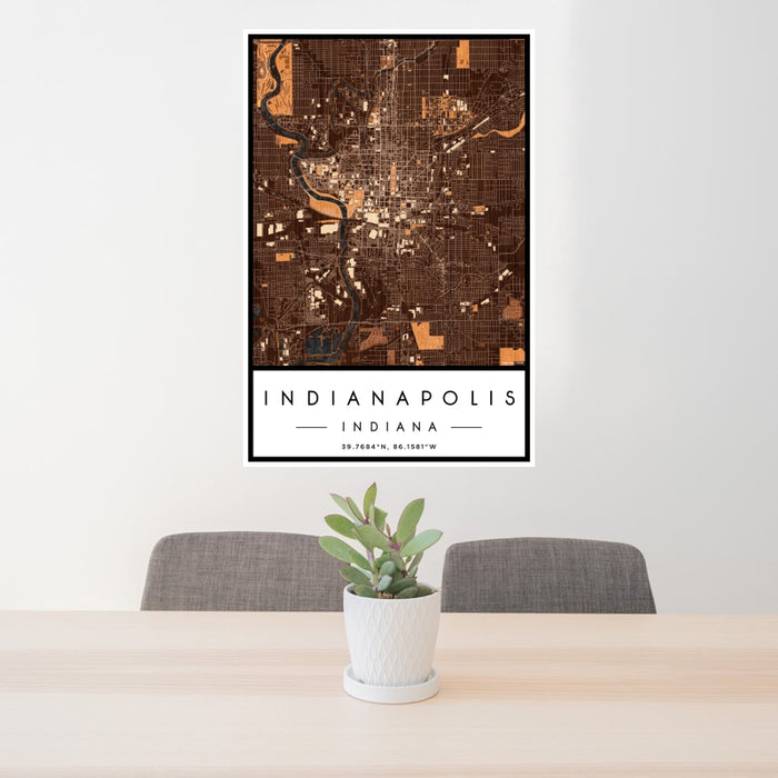 24x36 Indianapolis Indiana Map Print Portrait Orientation in Ember Style Behind 2 Chairs Table and Potted Plant