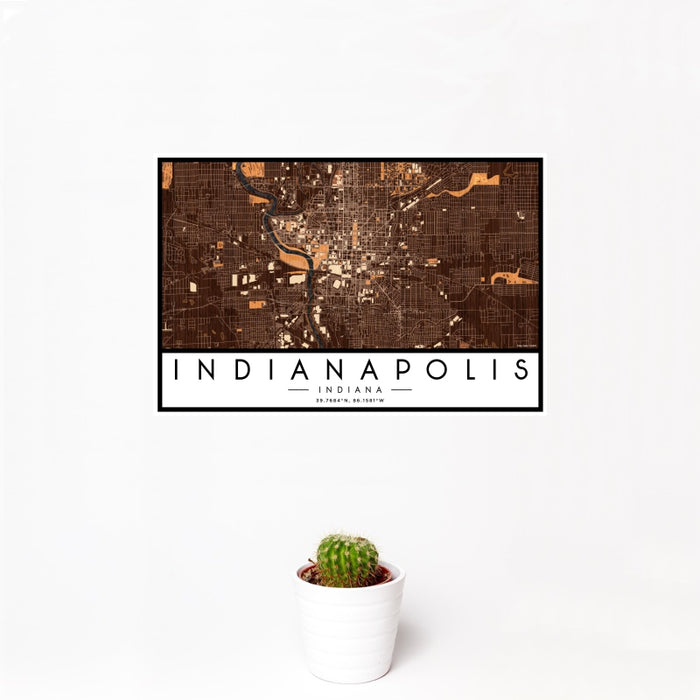 12x18 Indianapolis Indiana Map Print Landscape Orientation in Ember Style With Small Cactus Plant in White Planter