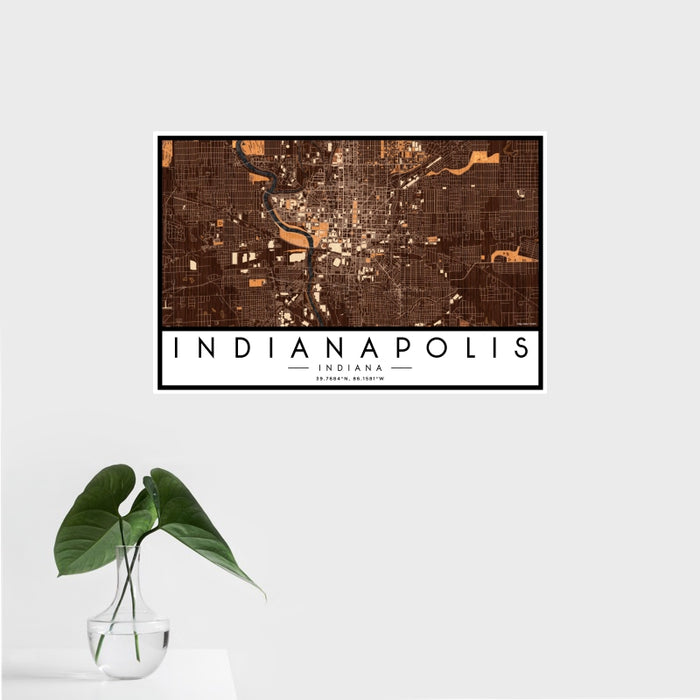 16x24 Indianapolis Indiana Map Print Landscape Orientation in Ember Style With Tropical Plant Leaves in Water