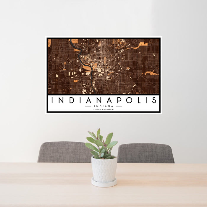 24x36 Indianapolis Indiana Map Print Landscape Orientation in Ember Style Behind 2 Chairs Table and Potted Plant