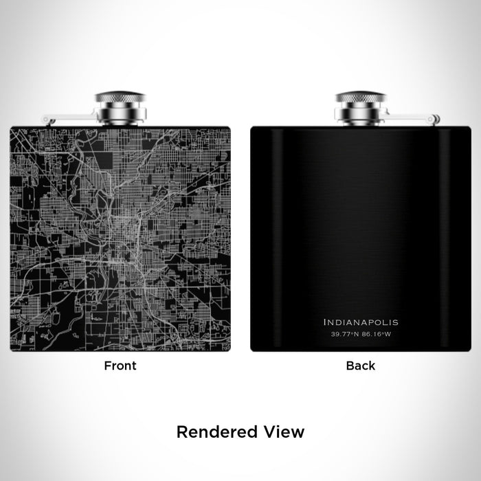 Rendered View of Indianapolis Indiana Map Engraving on 6oz Stainless Steel Flask in Black