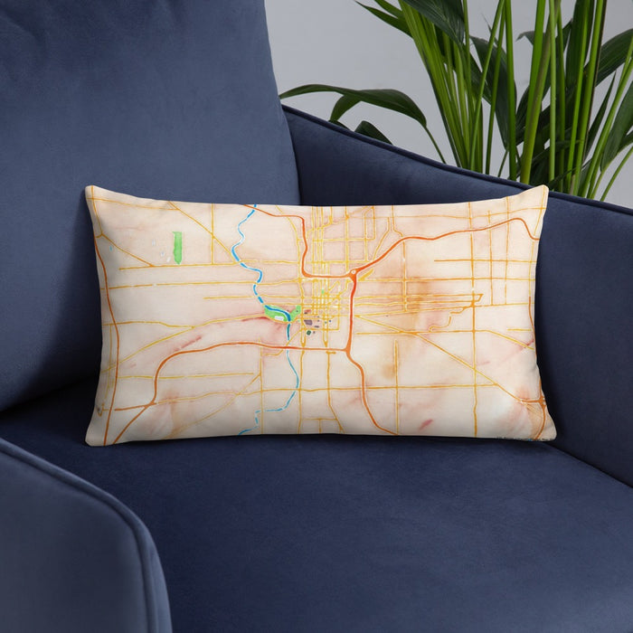 Custom Indianapolis Indiana Map Throw Pillow in Watercolor on Blue Colored Chair