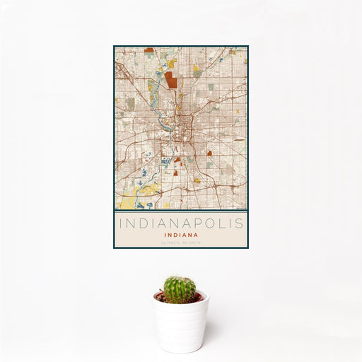 12x18 Indianapolis Indiana Map Print Portrait Orientation in Woodblock Style With Small Cactus Plant in White Planter