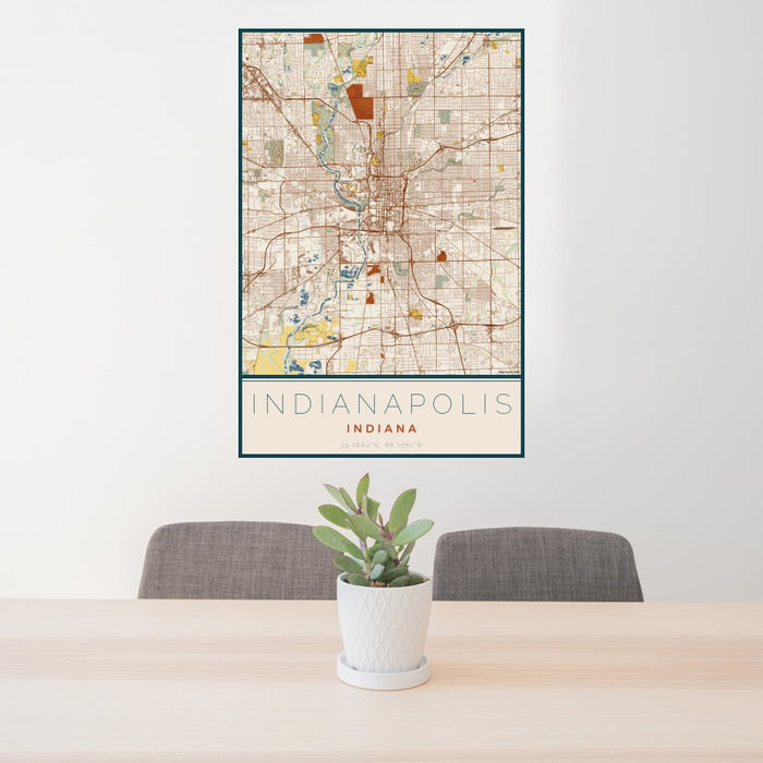 24x36 Indianapolis Indiana Map Print Portrait Orientation in Woodblock Style Behind 2 Chairs Table and Potted Plant