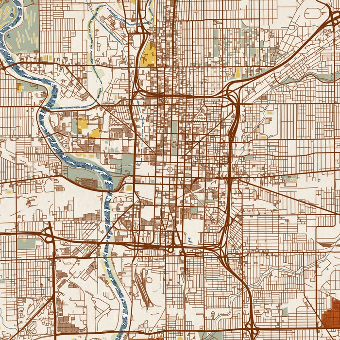 Indianapolis Indiana Map Print in Woodblock Style Zoomed In Close Up Showing Details
