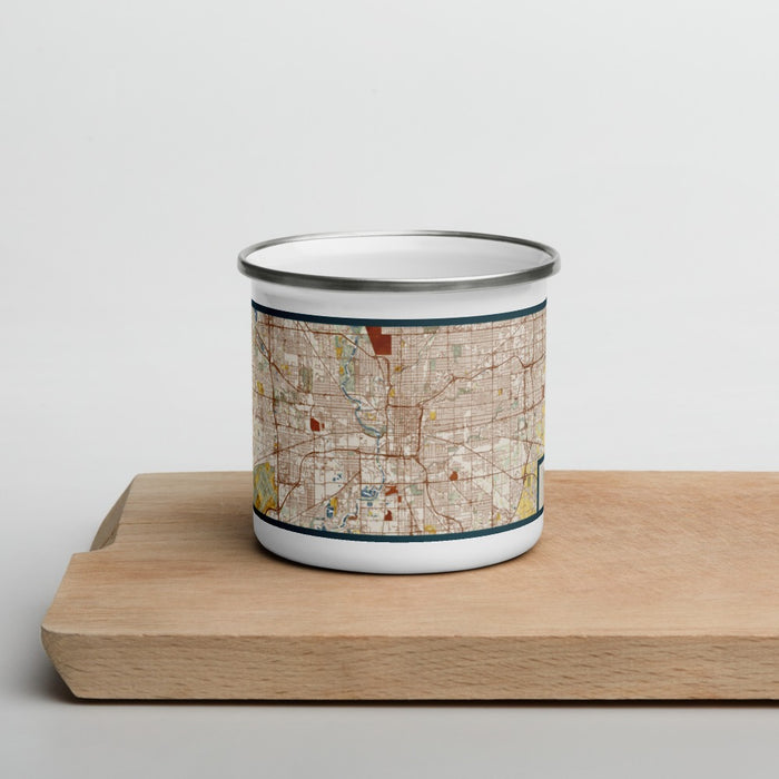 Front View Custom Indianapolis Indiana Map Enamel Mug in Woodblock on Cutting Board