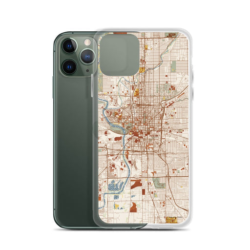 Custom Indianapolis Indiana Map Phone Case in Woodblock on Table with Laptop and Plant
