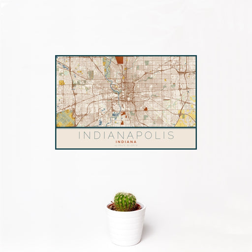 12x18 Indianapolis Indiana Map Print Landscape Orientation in Woodblock Style With Small Cactus Plant in White Planter