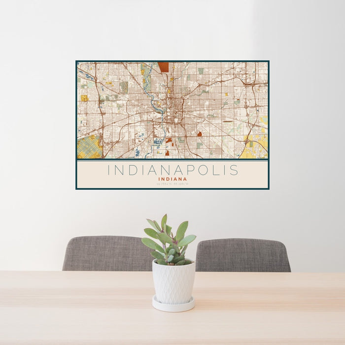 24x36 Indianapolis Indiana Map Print Landscape Orientation in Woodblock Style Behind 2 Chairs Table and Potted Plant