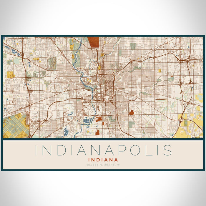 Indianapolis Indiana Map Print Landscape Orientation in Woodblock Style With Shaded Background
