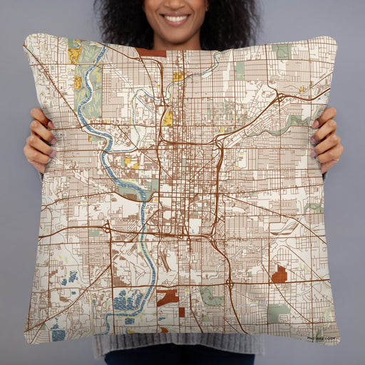 Person holding 22x22 Custom Indianapolis Indiana Map Throw Pillow in Woodblock
