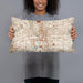 Person holding 20x12 Custom Indianapolis Indiana Map Throw Pillow in Woodblock