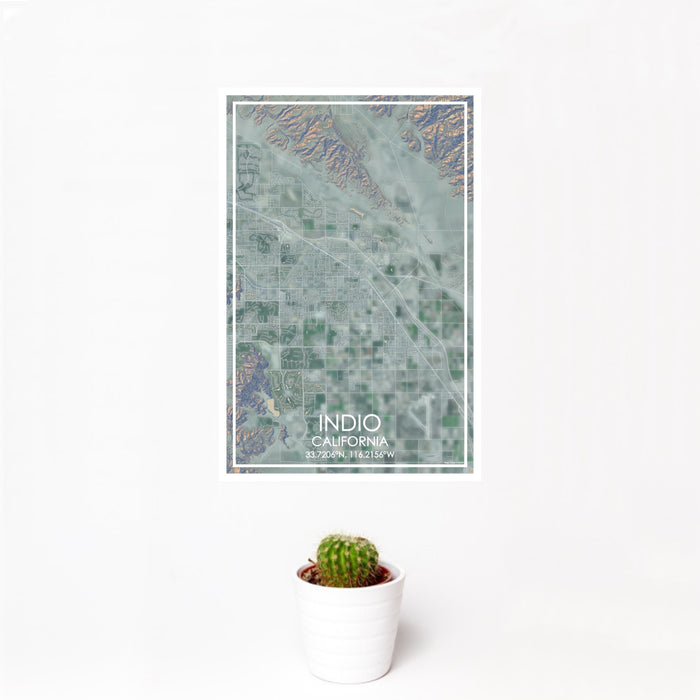 12x18 Indio California Map Print Portrait Orientation in Afternoon Style With Small Cactus Plant in White Planter