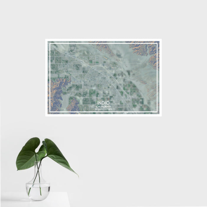 16x24 Indio California Map Print Landscape Orientation in Afternoon Style With Tropical Plant Leaves in Water